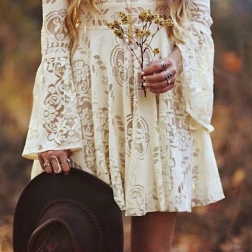 Free People Lace Lovers Folk Song Dress Ivory Cream Bell Sleeve